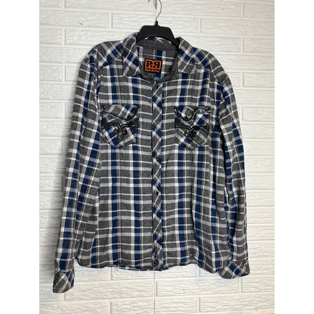 Rock Revival black & blue plaid button down shirt‎ 100% cotton men's size XL